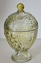AVON YELLOW GLASS PEDESTAL CANDY DISH WITH LID FLORAL PATTERN VINTAGE 1960 - £16.11 GBP
