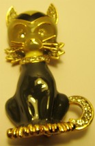 Charming Rhinestones Black Grey Gold Enamel Cat Pin - £4.79 GBP