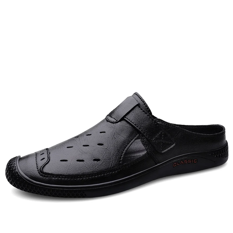 Sewn cow leather casual sandals male breathable half loafer slippers leather comfy flat thumb200