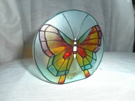 Butterfly Votive Candle Colorful Image Candle Holder Round Glass Faux Stained - £6.04 GBP