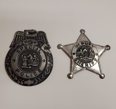 Vintage Lot 2 Pressed Tin Police Badge Pin Toy Japan 1950s Made from Coffee Can - £42.82 GBP