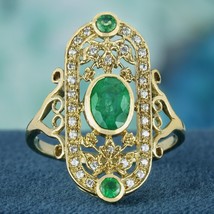 Natural Emerald and Diamond Vintage Style Cocktail Ring in Solid 14K Yellow Gold - £1,603.67 GBP