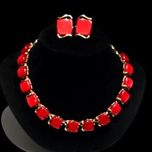 Signed CORO Vintage Set Necklace Clips Earrings Red Lucite Gold Tone 13”... - £97.63 GBP