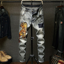 New Ripped Jeans Men&#39;s Tiger Embroider Denim Super Skinny Slim Fit Jean ... - $399.63 MXN
