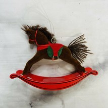 Vintage Dept 56 Christmas Ornament 4&quot; Red Rocking Horse Brown Flocked - £22.12 GBP