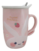 Pink Bunny Rabbit Strawberries Sweet Dreams Ceramic Mug With Lid And Spoon - $17.99