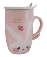 Pink Bunny Rabbit Strawberries Sweet Dreams Ceramic Mug With Lid And Spoon - €15,43 EUR