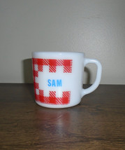 Federal Milk Glass Red Gingham Plaid Personalized Mug Cup SAM Vintage - £9.34 GBP