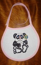 New Panda Bear Rattle baby bib, Girl Finished Cross Stitch Pink Handmade - £15.05 GBP