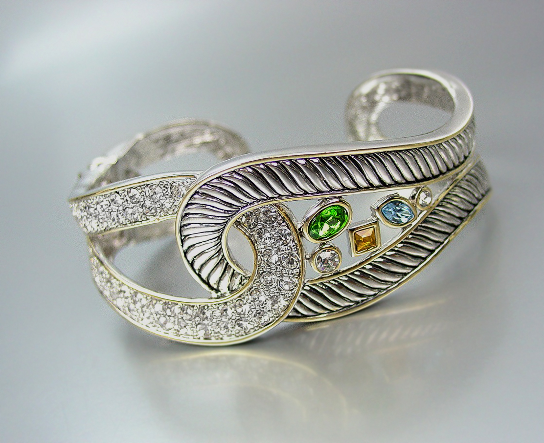FAB Designer Style Silver Cable Pave Multi CZ Crystals LOOP Hinged Cuff Bracelet - $39.99