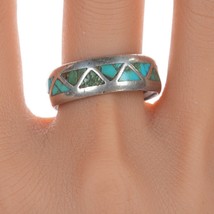 sz11.5 Vintage Zuni Channel inlay turquoise silver ring - £86.56 GBP