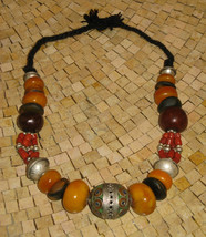 Moroccan berber silver enamel egg amber resin coral Beads necklace - £377.45 GBP