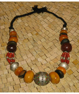 Moroccan berber silver enamel egg amber resin coral Beads necklace - £345.32 GBP