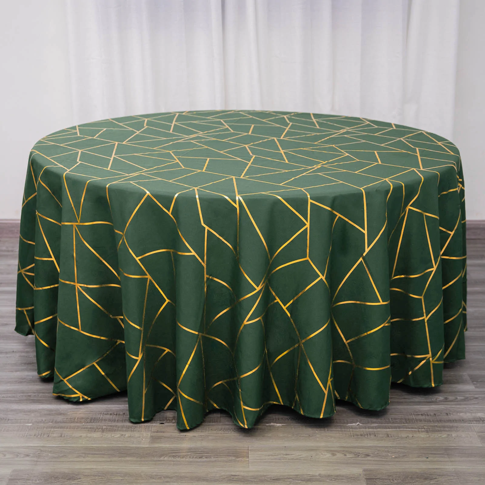 Hunter Green - 120&quot; Round Polyester Tablecloth With Gold Foil Geometric Pattern - £39.87 GBP