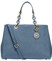 Michael Kors Medium Cynthia Blue Gold Saffiano Leather Satchel Bag Pursenwt! - £175.81 GBP