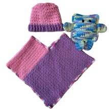 Crocheted Baby Cape Hat Stuffed Animal Grannycore Shower Gift Handmade Pink - £17.82 GBP