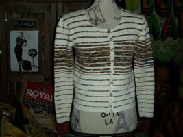 BETTE PAIGE Vintage Funky Cocoa+Cream Striped Cardigan Size S - £9.32 GBP