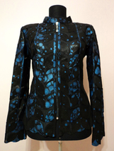 Blue Spotted Black Leather Leaf Jacket Women All Sizes Genuine Zipper Short D1 - £179.82 GBP