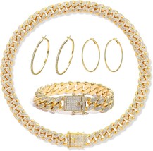 Cuban Link Chain Jewelry Sets for Women Rhinestone Hoop Earrings Necklace Bracel - £32.58 GBP