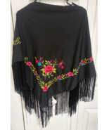 Express Black with Embroidered Roses &amp; Floral 80&quot; Wide Wrap Shawl - $14.85