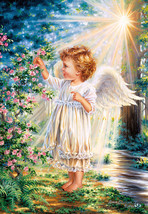 FRAMED CANVAS WALL ART PRINT baby girl angel flowers rose forest garden sunburst - £31.64 GBP+