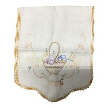 Vintage Embroidery Floral Basket Table Runner Yellow Crotchet Laced Edge... - $23.34