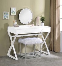 Adao Vanity Mirror &amp; Stool, Faux Fur, Mirror, White &amp; Chrome Finish - $161.00