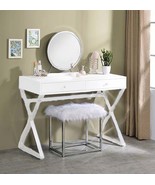 Adao Vanity Mirror &amp; Stool, Faux Fur, Mirror, White &amp; Chrome Finish - $226.11 CAD
