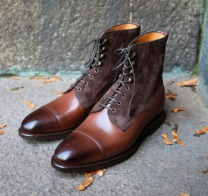 NEW Handmade 2 Tone Brown Boot, Men's Lace Up Boot, Leather Suede Cap Toe Boot