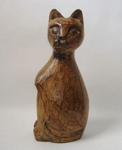 Wooden Kitty Cat Statue Figurine Sculpture Sitting Animal Brown Carved Wood - £23.18 GBP