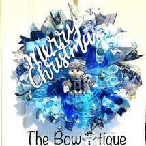 Blue Snowman Merry Christmas Ribbon Door Wreath Handmade 22 ins LED W23 - £74.27 GBP