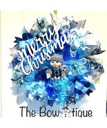 Blue Snowman Merry Christmas Ribbon Door Wreath Handmade 22 ins LED W23 - £75.84 GBP