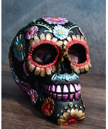 Black Day of The Dead Colorful Floral Blooms Sugar Skull Macabre Figurin... - $34.03 CAD