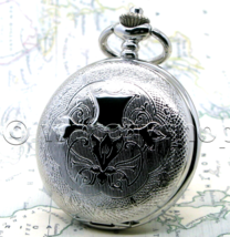 Pocket Watch Silver Color Full Hunter 47 MM for Men Arabic Nrs on Fob Ch... - $19.99