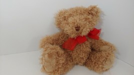 Pier 1 Imports tan light brown plush curly teddy bear red bow seated sit... - £11.60 GBP