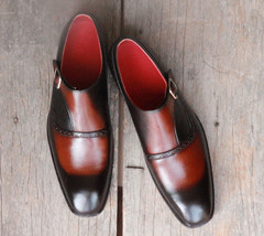 Handmade Men&#39;s Black Brown WingTip Leather Monk Strap Shoes, Men Designer Shoes - £116.61 GBP+