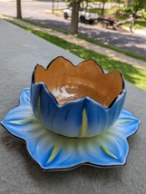 Vintage Japan Luster Ware Lotus Bowl Matching underplate Blue  - £17.24 GBP