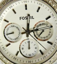Woman Fossil Watch Clear Silver T White MOP RStone WR 50m Glo Day Date N... - $34.65