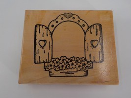 RUBBER STAMP MOUNTED WOOD SHUTTERED WINDOW WITH FLOWER BOX HEARTS OPEN USED - £6.38 GBP
