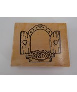 RUBBER STAMP MOUNTED WOOD SHUTTERED WINDOW WITH FLOWER BOX HEARTS OPEN USED - £6.36 GBP