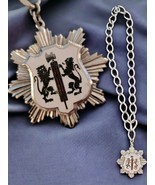 CORO Heraldic Lion Red White Enamel Pendent On Silver Large Links Neckla... - $32.39