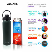 Aquatix Forest Green Insulated FlipTop Sport Bottle 32 oz Pure Stainless Steel - £21.17 GBP