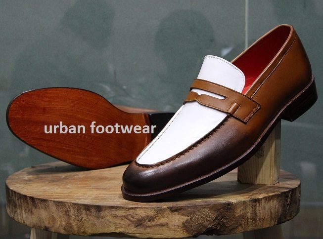Mens Formal Handmade Shoes, Two Tone Brown & White Leather Loafers & Slip