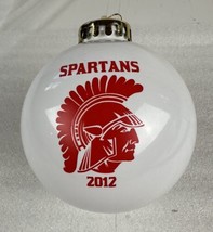Ornament Christmas Balls White with Red Spartan Logo 2012 Gold Cap Plastic 10&quot; C - £4.68 GBP