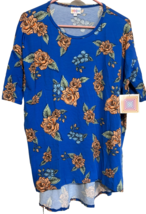 Lularoe Irma S Blue with Red Pink Roses Women&#39;s Shirt Top Blouse NEW - $11.88