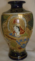 VINTAGE JAPAN SATSUMA CERAMIC HANDPAINTED VASE WOMAN DRAGON COBALT GREEN... - $24.00