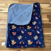 Just Born Blue Baby Blanket Raccoon Teddy Bear Rocket Car Scooter 30x38 - $30.39