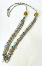 Loft Beaded Necklace Blue &amp; Green Beads on 7 Strands of Silver Tone Chain 35&quot; - £15.19 GBP