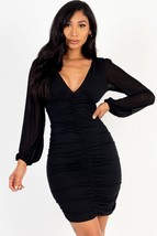 Women&#39;s Black Ruched Mesh Long Sleeve V Neck Mini Dress (S) - £16.16 GBP