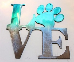 Love Word w/ Paw (Boxed) - Metal Wall Art - Teal Tainted 6&quot; x 6&quot; - £14.99 GBP